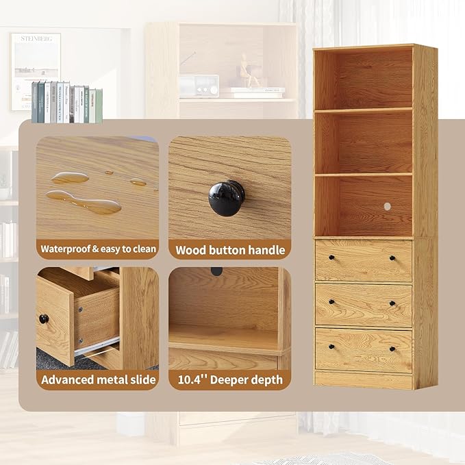 71" Tall Bookshelves Set of 2, Bookcases with Drawers, Bookshelves with Storage, Wooden Bookshelf with 3 Drawers & 3-Tier Open Shelves,Home Decor Furniture for Living Room,Bedroom,Home,Natural-Ruum Studio Home