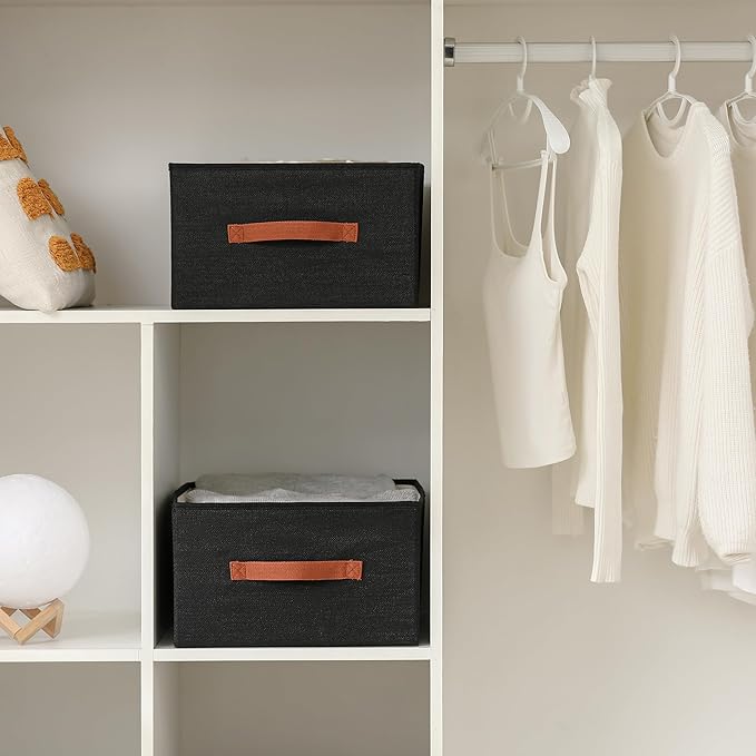 linen closet organizers and storage, 3 Pack Large Storage Baskets, Washable, Clothing Storage Bins with Handle, Closet Organizer for Storage Sweater,Sheets (Black, 18½"x13½"x8½")-Ruum Studio Home