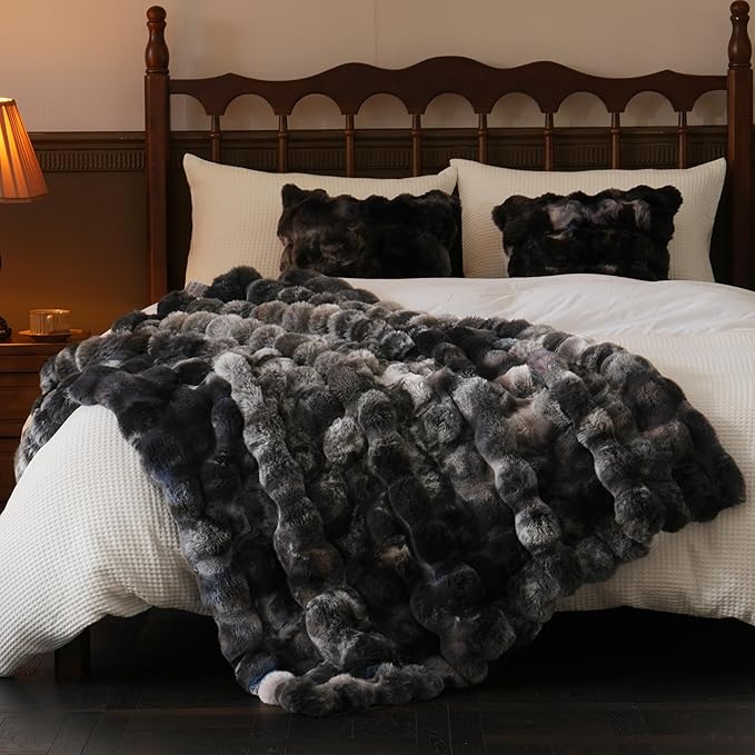 BENVWE Fluffy Faux Fur Throw Blanket for Couch, Soft Plush Thick Cozy Fuzzy Luxury Minky Bubble Blanket for Home Living Room Decor Gift for Women, Tie-dye Grey, 50" x 60", 1100GSM-Ruum Studio Home