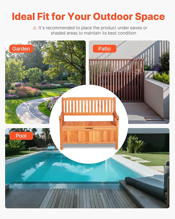 VEVOR Outdoor Storage Bench, 2-Person Wooden Storage Bench, 33 Gallons Deck Box with Side Handle, Supports up to 705 lbs, Weatherproof Outdoor Seating & Porch Decor, for Patio Garden Balcony Yard-Ruum Studio Home