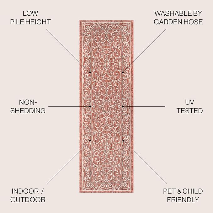 JONATHAN Y Vintage Filigree Indoor Outdoor Runner Rug 2X10 Red/Beige, Charleston Textured Weave for Backyard, Patio, Porch, Easy-Cleaning, High Traffic, Pet-Friendly, Non-Shedding (SMB106B-210)-Ruum Studio Home