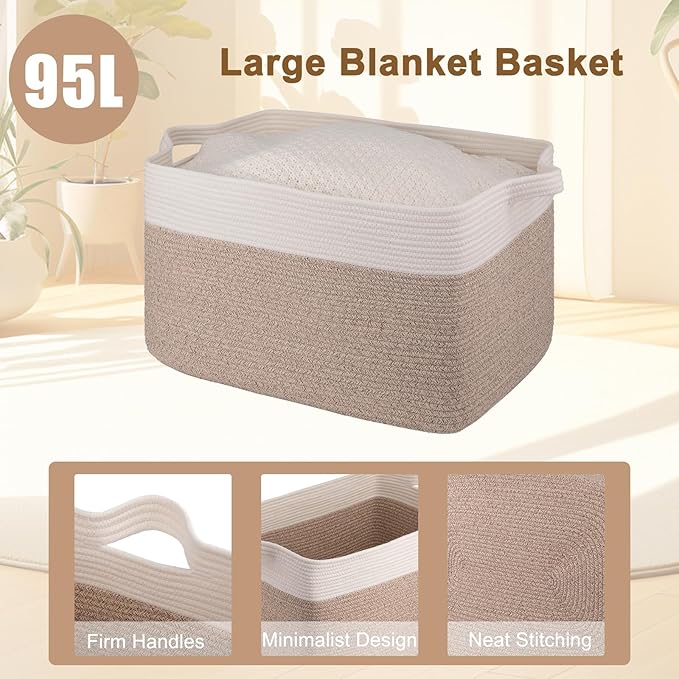 OIAHOMY 95L Blanket Basket, 24”x17”x14”, Large Woven Basket for Storage, Nursery Cotton Rope Basket with Handle, Living Room, Nursery, Bedroom,Toy Storage Organizer Bins, Brown and White-Ruum Studio Home