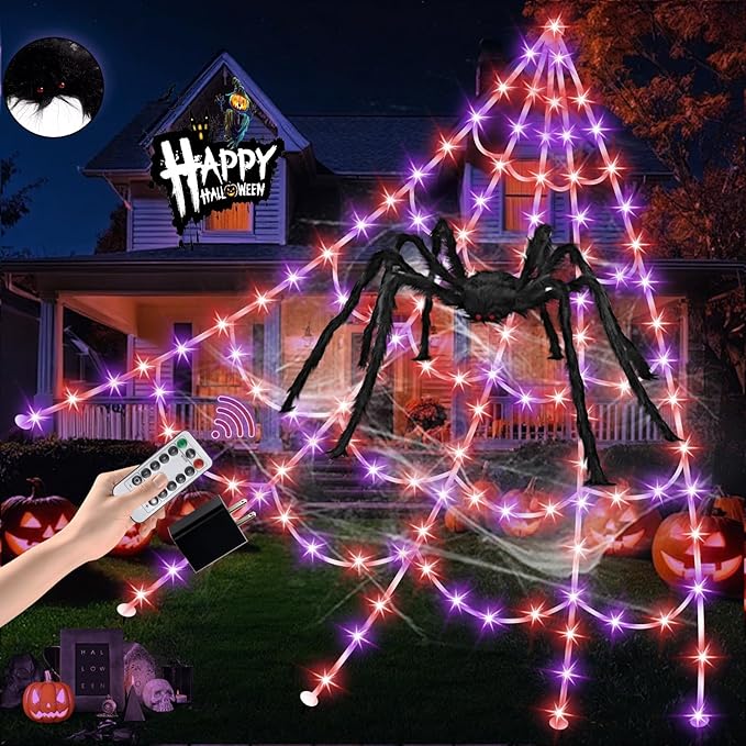 Halloween Spider Web Lights 550 LED Lighted Spider Web 16.4Ft Giant Halloween Decorations Light up with 8 Lighting Modes Waterproof & Timer for Indoor Outdoor House Haunted Yard Decor, Orange & Purple-Ruum Studio Home