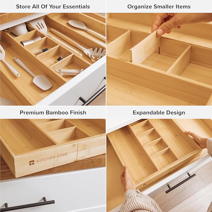 Adjustable Kitchen Drawer Organizer for Utensils and Junk, Food-Safe Contract Grade with 100% Sustainable Wood, Expandable from 16 to 28 Inches Wide - Natural Bamboo-Ruum Studio Home