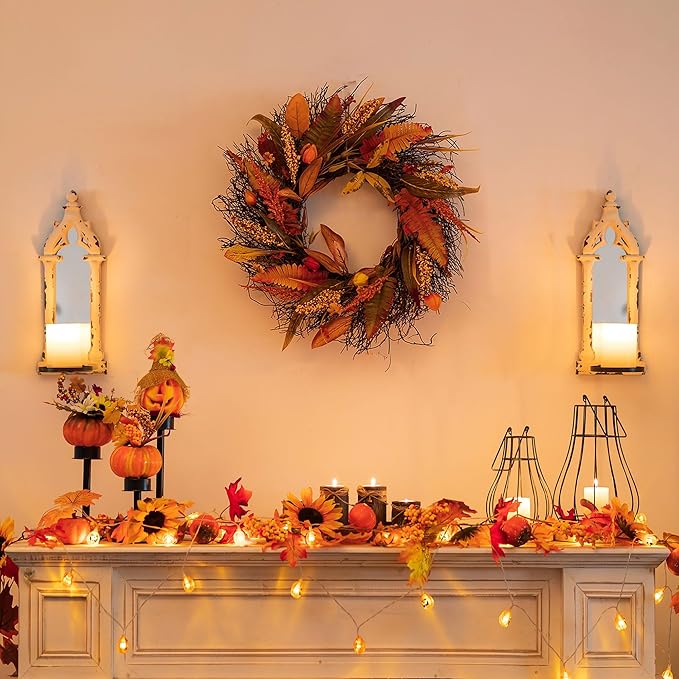 Fall Wreath for Thanksgiving Decorations 24inch - Walasis Large Wheat Wreaths for Front Door - Harvest Grain Gold Autumn Wall Decor for Indoor Outdoor-Ruum Studio Home