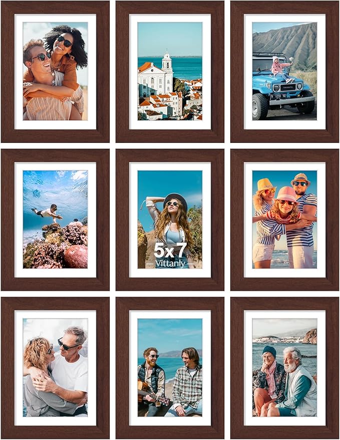 Vittanly 5x7 Picture Frames Set of 9, Shatter Resistant Plexiglass, Display 4x6 Pictures with Mat or 5x7 without Mat, Photo Frames for Wall or Tabletop, Engineered Wood, Walnut-Ruum Studio Home