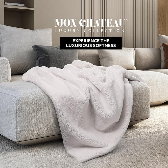 Mon Chateau Luxury Ultimate Plush Faux Fur Throw with 6cm Foldover for Couch, Sofa, or Bed - Plush Ultra Soft Blanket for Sleeping or Home Décor, 60" x 70" (Foldover Ivory)-Ruum Studio Home