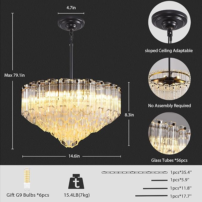 Modern Clear Glass Chandelier, 14" Round Crystal Dining Room Chandelier, Small Black Pendant Light Hanging Fixture for Bedroom, Kitchen Island Light Dimmable Ceiling Lighting Chandeliers for Bathroom-Ruum Studio Home