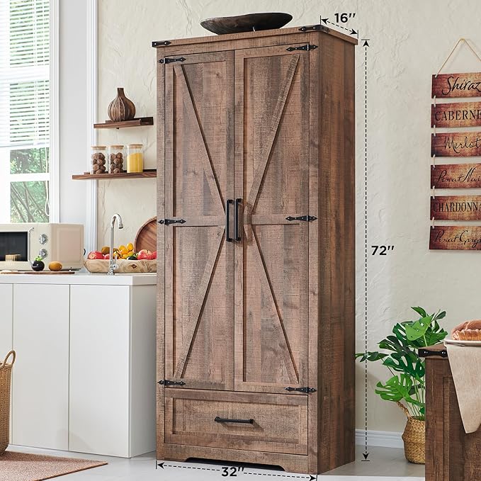 72" Tall Wood Storage Cabinet, Farmhouse Kitchen Pantry Cabinet with Adjustable Shelves & Drawer & Barn Doors, Versatile Storage for Kitchen, Dining Room, Bathroom, Light Brown-Ruum Studio Home