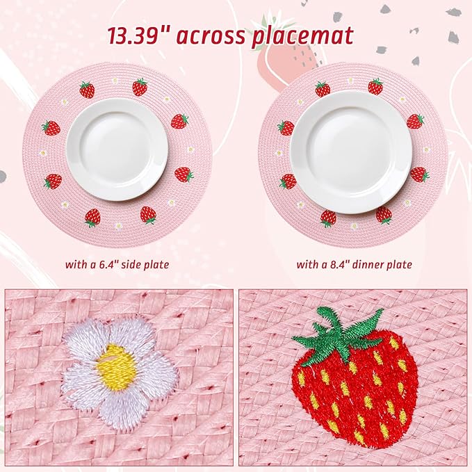 Whaline 4Pcs Round Placemats Daisy Strawberry Embroidered Place Mats Summer Strawberry Dinner Table Mats for Home Wedding Baby Shower Birthday Party Decor-Ruum Studio Home