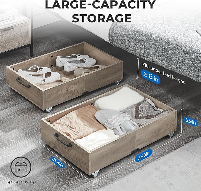 Under Bed Storage with Wheels, 2-Pack Under Bed Shoe Storage Organizer Drawer, Composite Wood Organizer for Shoes Clothes Containers in Bedroom for Clothes,Shoes(Grey)-Ruum Studio Home