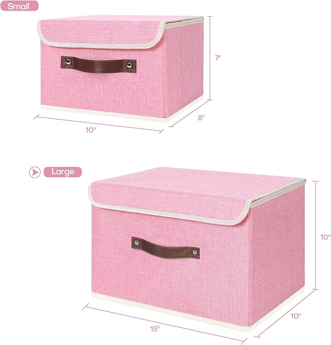 ANMINY Storage Bin with Lid Storage Boxes with PU Leather Handles PP Plastic Board Decorative Foldable Lidded Cotton Linen Fabric Home Cubes Baskets Closet Organizer Container - Pink, Large Size-Ruum Studio Home