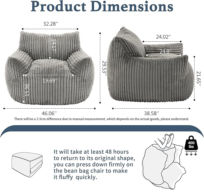 Giant Plush Bean Bag Chair for Adults with Armrests - Oversized Comfy Light Grey Beanbag Lounge Lazy Floor Sofa Accent Chair for Living Room, Bedroom & Dorm, Cozy Fluffy Single Cloud Mini Couch-Ruum Studio Home