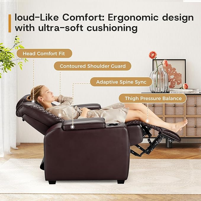 ANJ Power Home Theater Seating, PU Leather Electric Recliner Chair with Powered Headrest, Dual Motors Movie Reclining Chairs with LED Lights,USB Port, Cup Holders, Hidden Arm Storage (Brown)-Ruum Studio Home