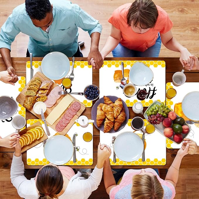 Honey Bee Placemats Set of 6 Summer Plastic Table Mats Yellow Bee Theme Placemats Washable Farmhouse Rustic Holiday Table Decoration for Indoor Outdoor Party Kitchen Dining-Ruum Studio Home