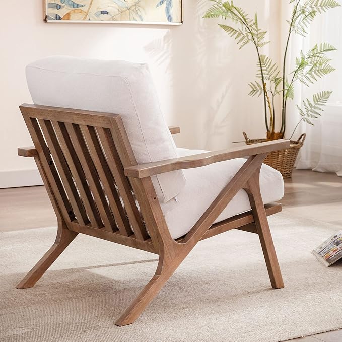 HNY Mid Century Modern Accent Chairs Set of 2, Farmhouse Linen Upholstered Armchair for Living Room, Bedroom, 23'' Seat Wide Retro Leisure Reading Chair Slipper Chair with Wood Frame, White-Ruum Studio Home