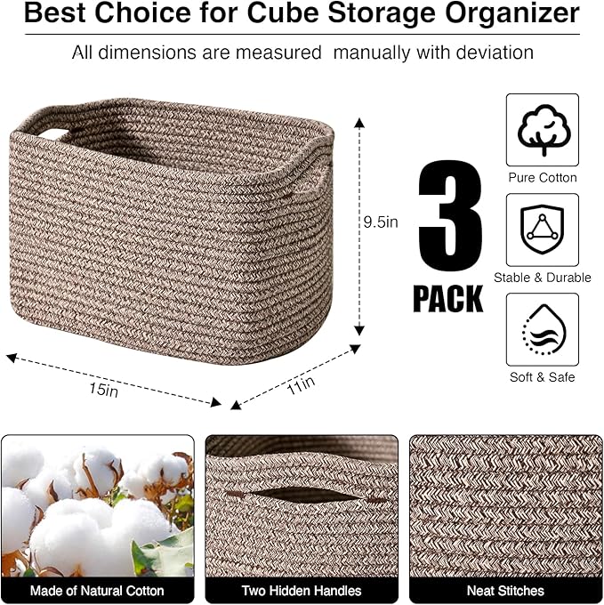 Storage Baskets for Organizing Shelves, Woven Cotton Rope Bins for Baby Nursery Organization, Book Toy Towel Organizer, 15"x11"x9.5", 3 Packs, Dark Brown-Ruum Studio Home