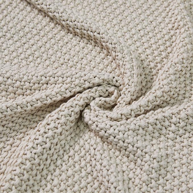 Joydeco Chunky Cable Knit Throw Blanket, Lightweight 100% Organic Cotton Soft Cozy Throw Twin Blanket for Couch Bed and Sofa, Rustic Breathable Farmhouse Blanket Gift for Women Men(Beige, 51"x63")-Ruum Studio Home