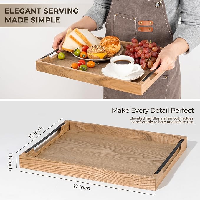 Axeman Wooden Serving Tray with Metal Handles|Ottoman Tray for Breakfast, Bed, Couch|17x13in Ash Wood Coffee Table Trays|Food Drinks Decorative Storage Boards for Ottoman Kitchen, Natural-Ruum Studio Home
