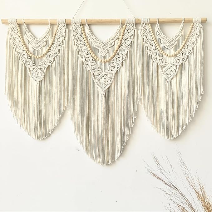 large macrame wall hanging - Boho Tapestry Macrame Wall Decor Art- Chic Bohemian Handmade Woven Tapestry Home Decoration for Bedroom Living Room Apartment Wedding Party - 43"x32" (Beige-Wood Bead)-Ruum Studio Home