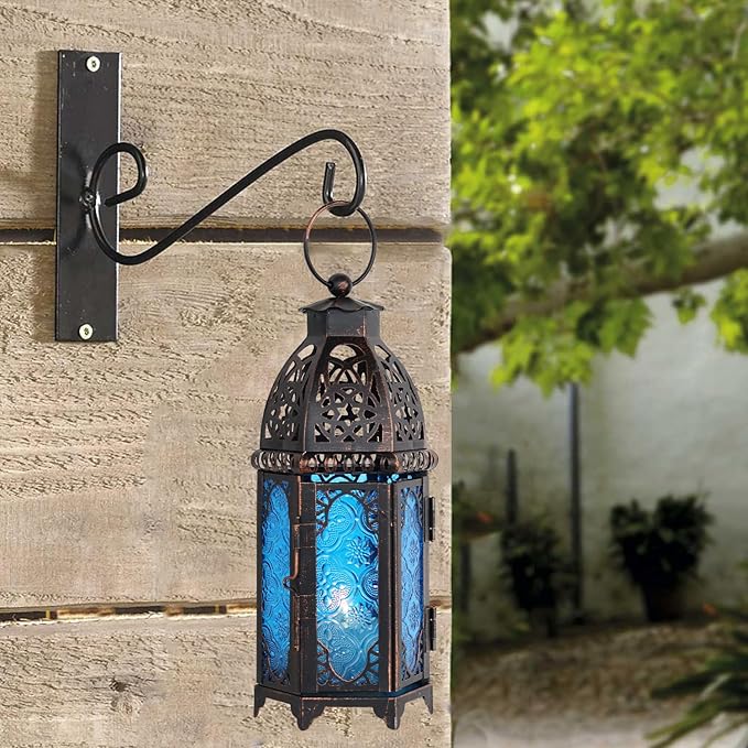 NEEDOMO Hanging Moroccan Lantern, 11'' Vintage Candle Holder, Metal Lanterns Decorative Indoor Outdoor, Table, Patio, Porch, Shelf, Gothic Home Decor (Blue, Medium Size)-Ruum Studio Home