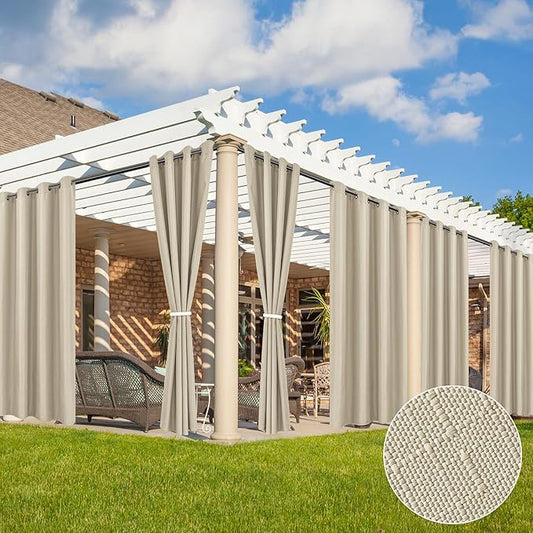 HolidayIdeas 6 Panels Linen Outdoor Curtains for Patio Waterproof-Cream Outside Gazebo Curtains 54"x95"-Indoor/Outdoor Weighted Weatherproof Curtains, Privacy for Pergola, Porch, Cabana, Sunroom-Ruum Studio Home