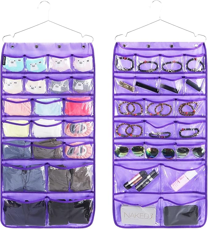 Dual Sided Hanging Organizer for Jewelry Makeup Storage Closet Organizers for Bows Socks Underwear with 42 Clear Pockets (PURPLE)-Ruum Studio Home