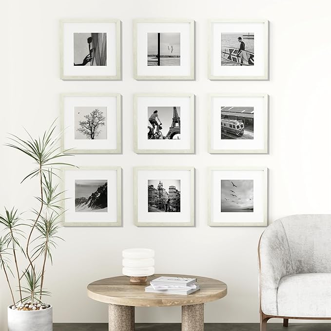Vittanly 12x12 Picture Frames Set of 9, Shatter Resistant Plexiglass, Display 8x8 Pictures with Mat or 12x12 without Mat, Photo Frames for Wall Mount, Engineered Wood, Whitemist-Ruum Studio Home