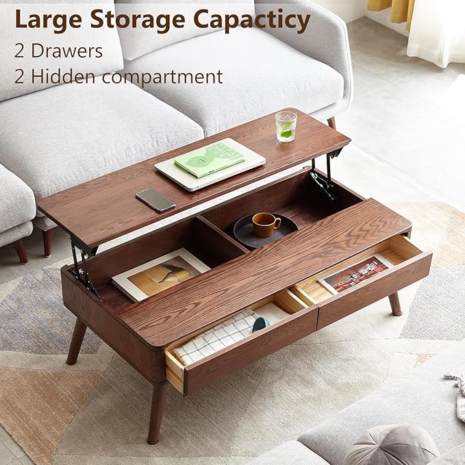 Solid Oak Wood Lift Top Coffee Table for Living Room, Mid Century Modern Tables with Drawers and Large Storage, Coffee Tables for Small Spaces (Oak Walnut Color, 39.37" W x 21.65" D x 25.59" H)-Ruum Studio Home