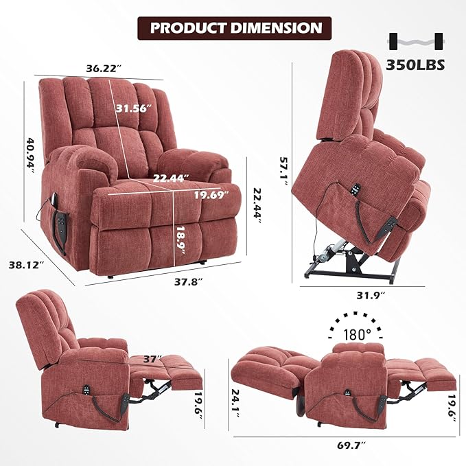 Dual Motor Power Lift Recliner Chair with Massage and Heat for Elderly People, Infinite Position, Burgundy Recliner Chair, Chenille Fabric Lift Chair-Ruum Studio Home