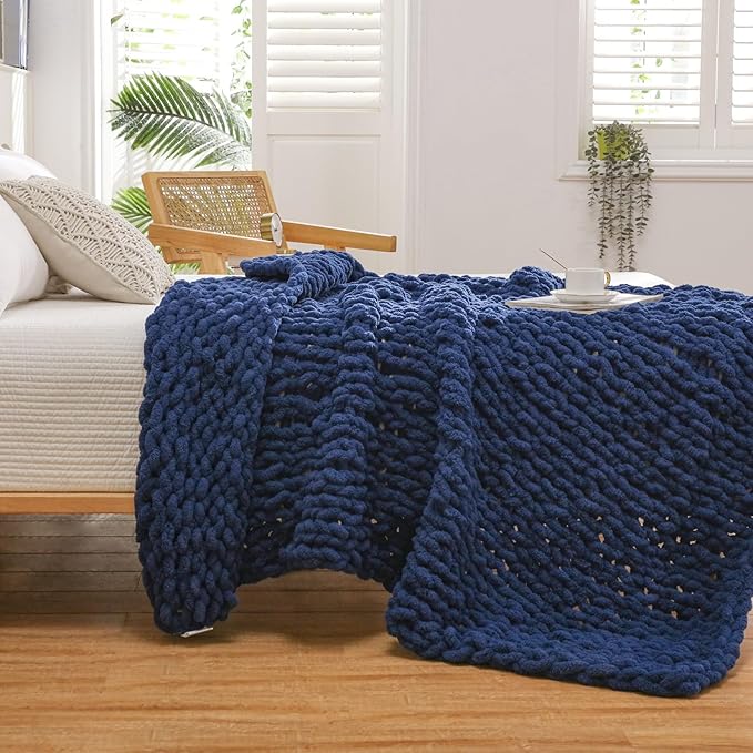WESHIONGOO Chunky Knit Blanket Throw 50"×60" Knitted Throw Blankets for Couch Bed Fluffy Soft Blanket with Jumbo Chenille Yarn Thick 100% Handmade (Navy Blue)-Ruum Studio Home