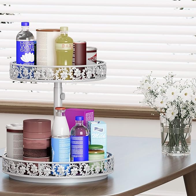 2 Tier Lazy Susan Organizer Turntable Adjustable,12 Inch Two Tier Lazy Susan Metal Easy Assembly Cleaning, Rotating Spice Rack Organizer for Cabinet Dining Table Kitchen Countertop White-Ruum Studio Home