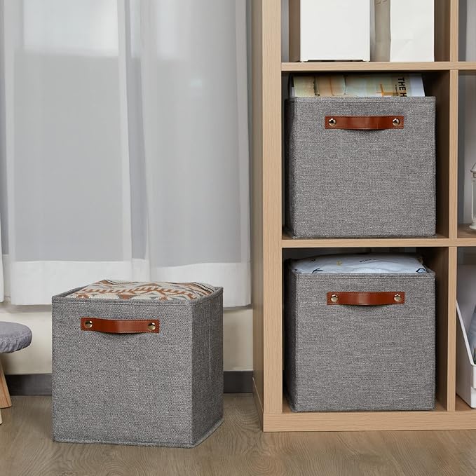 HNZIGE Shelf Storage Cubes Bins for Organizing, Set of 4, Cabby Fabric Cube 11x11 Closet Organizer with Handles (Gray)-Ruum Studio Home