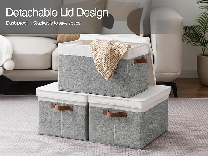 StorageWorks Storage Bins with Lids, Decorative Storage Boxes with Lid and PU Handles, Foldable Storage Baskets for Closet, Shelves, Stackable, Gray and White, Jumbo, 3-Pack-Ruum Studio Home