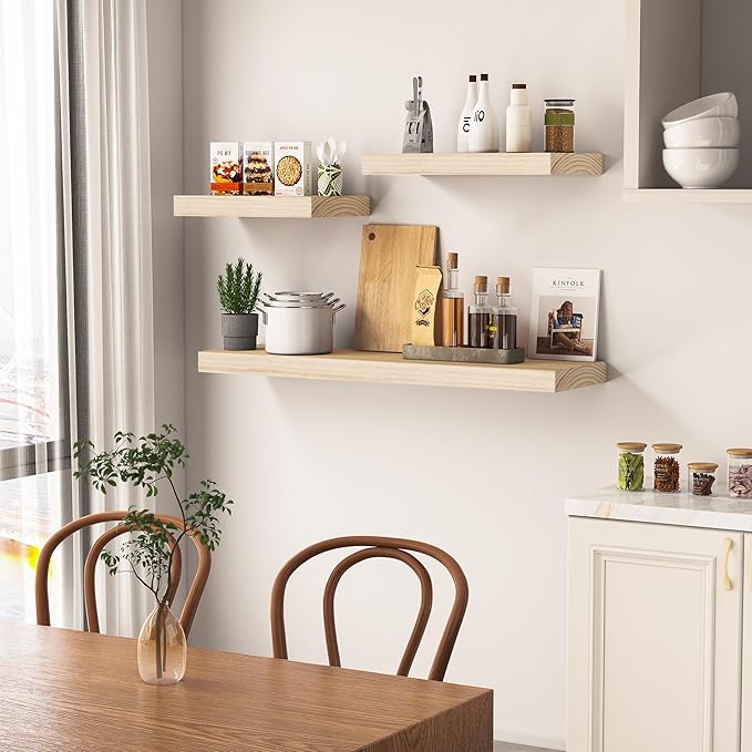 Light Wood Floating Shelves 48 Inch, 8 in Deep Single Book Shelf Floating for Wall Mounted, Heavy Duty Shelf Hold 100 lbs, Unfinished Wall Shelves for Bathroom, Living Room, Kitchen, Bedroom, Office-Ruum Studio Home