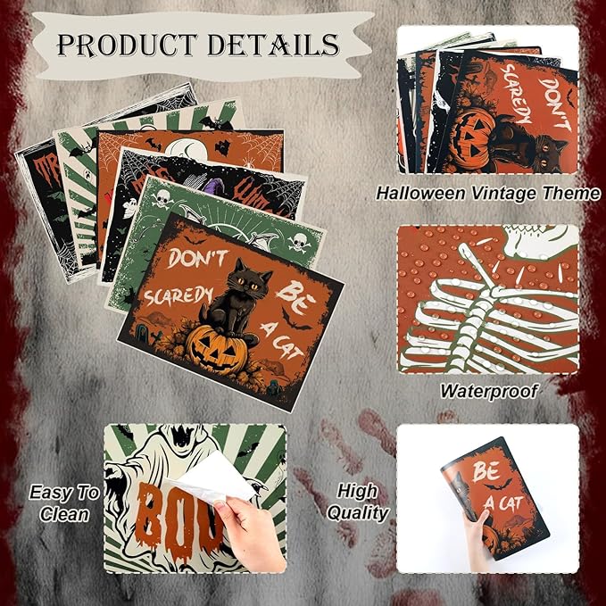 Halloween Placemats Set of 6 Vintage Plastic Table Mats Black Cat Place Mats Washable Ghost Witch Bat Rectangle Skull Table Decoration for Indoor Outdoor Party Kitchen Dining-Ruum Studio Home