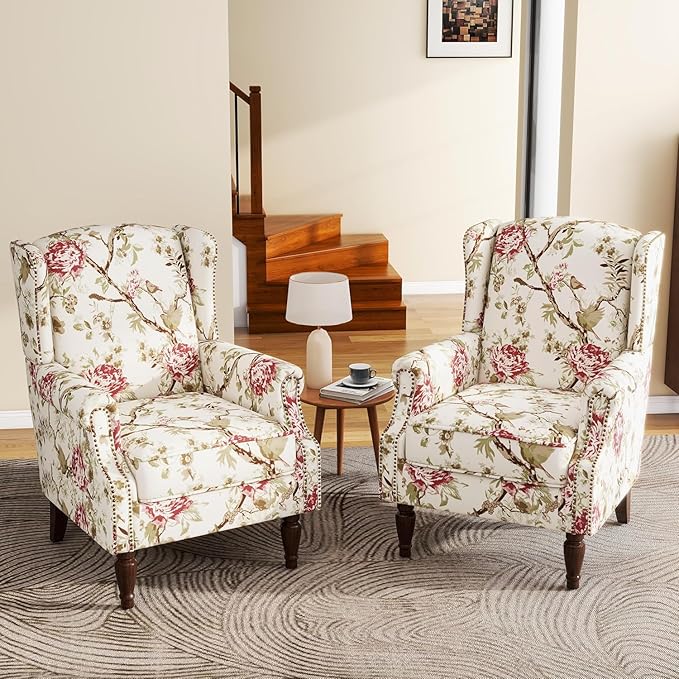 UIXE High Back Accent Chairs Set of 2, Fabric Upholstered Armchair for Living Room, Retro Printed Wingback Arm Chair Rivet Trimed Single Sofa Bedroom Reading Seat - Beige Floral-Ruum Studio Home