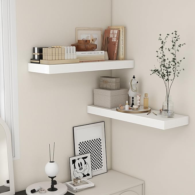Deep Floating Shelves, 12'' Deep Rustic Large Floating Shelves Set of 2, White Shelves for Wall 36 Inches Long, Wood Shelves for Living Room Laundry Room Bedroom Kitchen Home Office - White-Ruum Studio Home