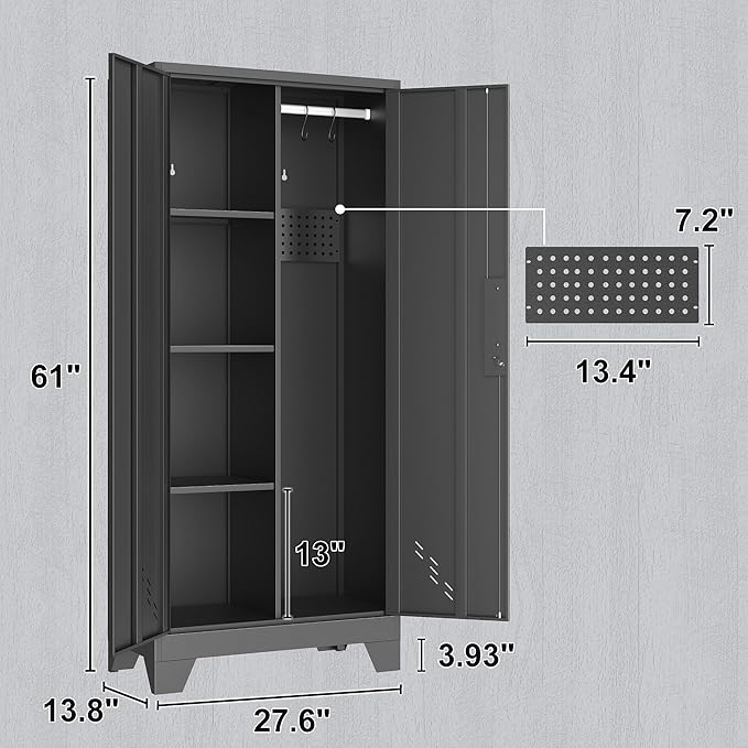 61" H Metal Storage Cabinet, Utility Cabinets with Locking Doors, Laundry Cabinet with Hanging Rod, Garage Tool Storage Cabinets for Home Office, Garage, Bathroom (Black)-Ruum Studio Home