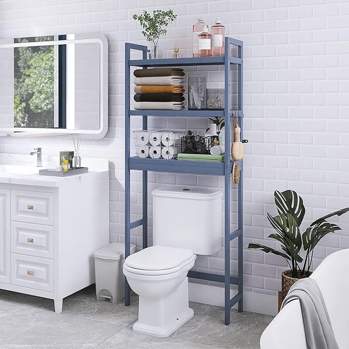 SMIBUY Bathroom Storage Shelf, Bamboo Over-The-Toilet Organizer Rack, Freestanding Toilet Space Saver with 3-Tier Adjustable Shelves (Grey)-Ruum Studio Home