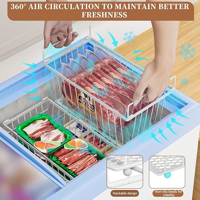 3 Pack Stackable Deep Freezer Organizer Bins ，Upgraded Bottom Leak-Proof net，Encryption and Hardening ， Freezer Organizer Bins for 5 to 9 Cu.FT Small Chest Freezer， Easy Get Bottom Foods-Ruum Studio Home