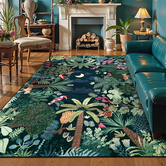 LIVEBOX Washable Bedroom Rug 8x10 Under Bed, Modern Stain Resistant Dark Green Botanical Rug for Living Room Playroom Kids Boy Room, Non-Slip Jungle Forest Print Rugs for Nursery Baby-Ruum Studio Home