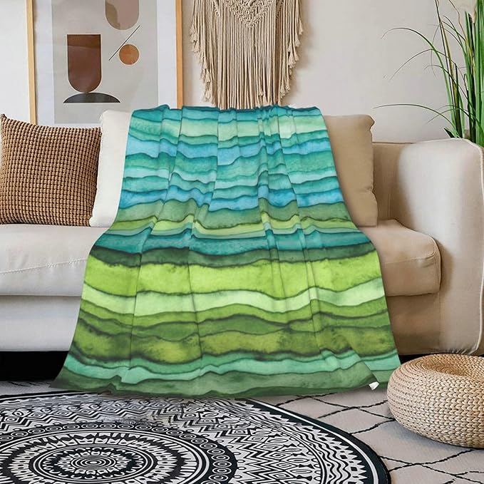 HGOD DESIGNS Watercolor Stripped Waves Blanket for Women, Lightweight Soft Fleece Flannel Throw Blanket Blue and Green Sofa Couch Living Room 40x50 Inch-Ruum Studio Home