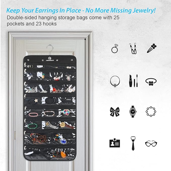 Freegrace Hanging Jewelry Organizer Revolving Hanger - Secure Zipper Closure - 25 Pockets,23 Hooks - Foldable Storage & Display Solution - for All Jewelry & Bijoux (Black)-Ruum Studio Home