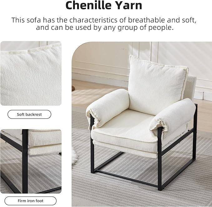 YISHENG Accent Chair with 6-Angle Adjustable Backrest, Chenille Fabric Living Room Chair Upholstered Lounge Chair, Modern Chair Cozy Reclining Chair for Reading Room, 1PC White-Ruum Studio Home