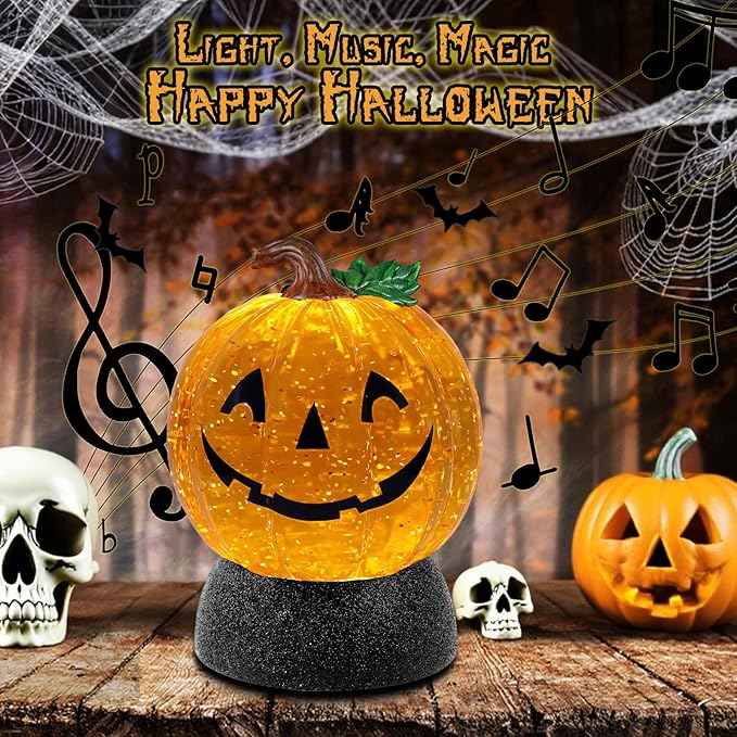 Halloween Snow Globe Lantern Pumpkin Lighted Halloween Snow Globes Battery Operated or USB Powered with 6H Timer Musical Snow Globe Glitter for Spooky Party Home Table Decorations (Pumpkin)-Ruum Studio Home