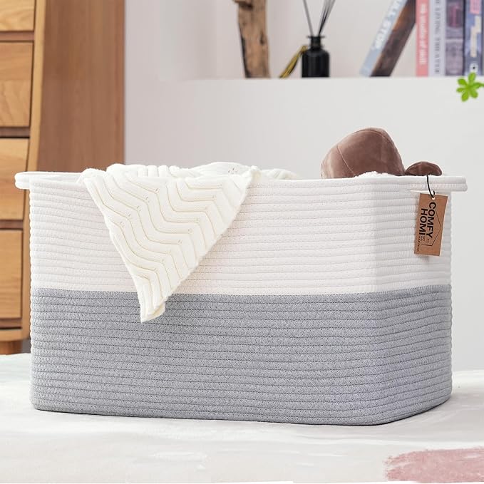 COMFY-HOMI Large Rectangle Laundry Storage Basket | Cotton Rope Woven, Organizing with Handle | Dirty Cloth & Baby Shower Basket | 22x15x12' - White/Grey-Ruum Studio Home