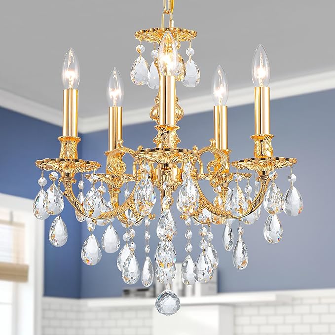 French K9 Crystal Maria Theresa Chandeliers, Luxury Vintage Pendant Light Fixture for Dining Room, Living Room, D17.7*H25~72 inch (Adjustable), Clear Crystal & Brass Finish Frame-Ruum Studio Home