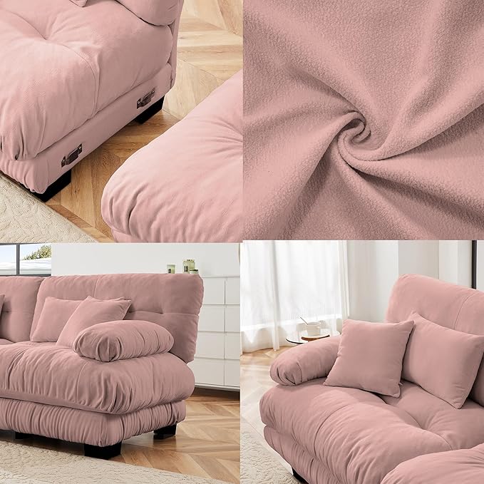 Loveseat Modular Sectional Sofa, U Shaped Couch with Ottoman, Cloud Couch Sectional Couch Home Sofa Living Room Oversized Couch Deep Seat Couch with Round Bolster Armrests 4 Pillows(Pink)-Ruum Studio Home