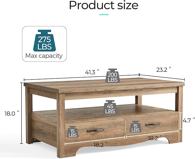 LINSY HOME Farmhouse Coffee Table with Storage, Wood Coffee Table for Living Room, Open Display Area and Storage Drawers with Metal Handles, Chic Style with Curved Base, Brown-Ruum Studio Home